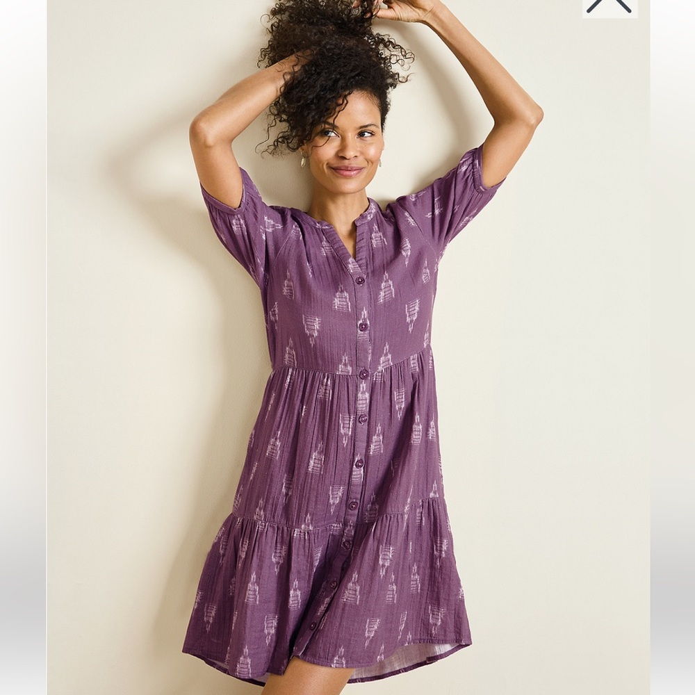 Garnet Hill Organic Cotton Tiered Purple Shirt Dress